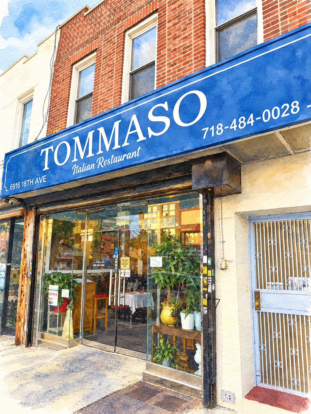 Watercolor painting of the Tommaso Italian Restaurant storefront at 6916 18th Avenue, Brooklyn